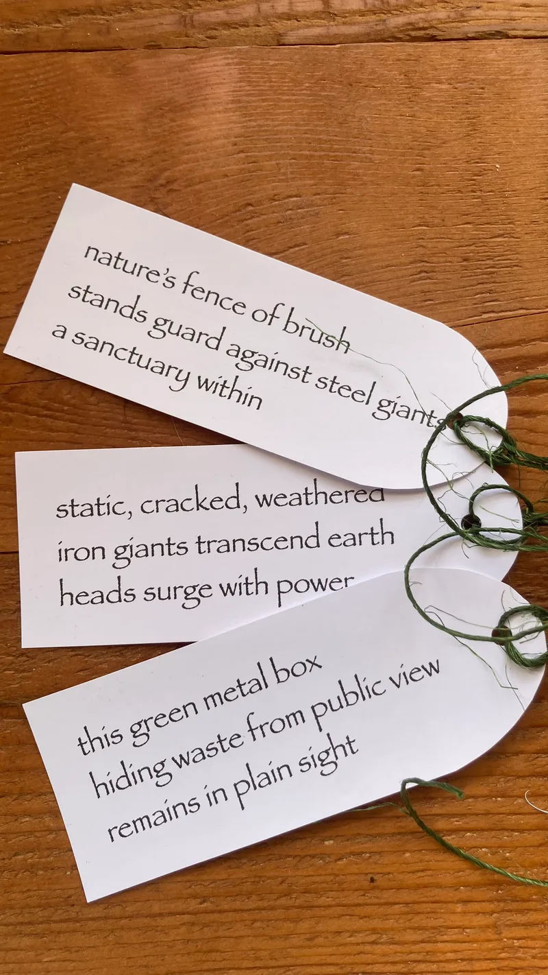 Three haiku written on paper tags and tied with green wire, lying on a timber board